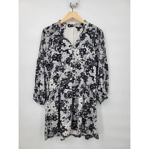 Ann Taylor Petite Floral Knee Length Dress Black White Drop Waist XS